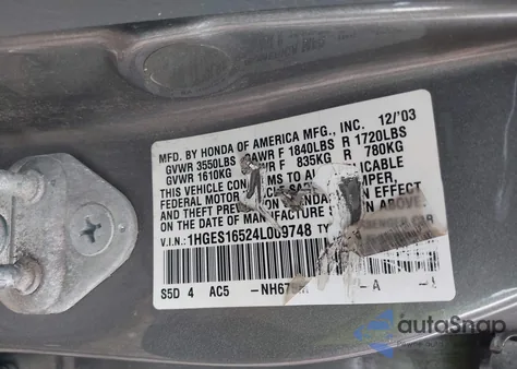 2004 Honda Civic Lx из США, поврежденный, VIN 1HGES16524L009748